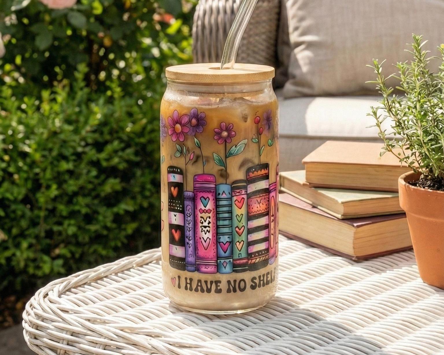 I Have No Shelf Control" Glass Tumbler with Bamboo Lid & Straw | 16oz Bookish Iced Coffee Cup | Funny Reader Gift | Floral Book Spine Art