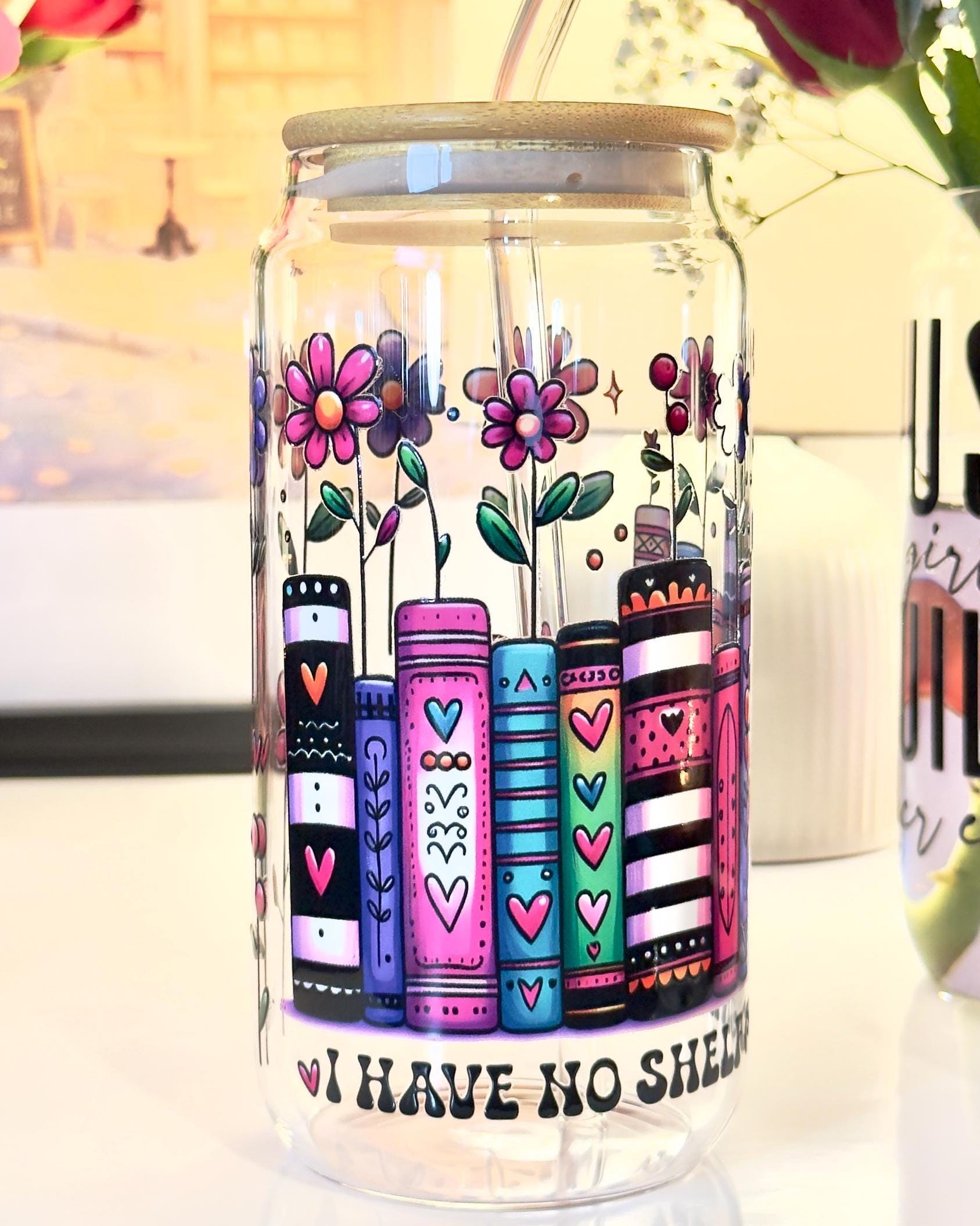 I Have No Shelf Control" Glass Tumbler with Bamboo Lid & Straw | 16oz Bookish Iced Coffee Cup | Funny Reader Gift | Floral Book Spine Art