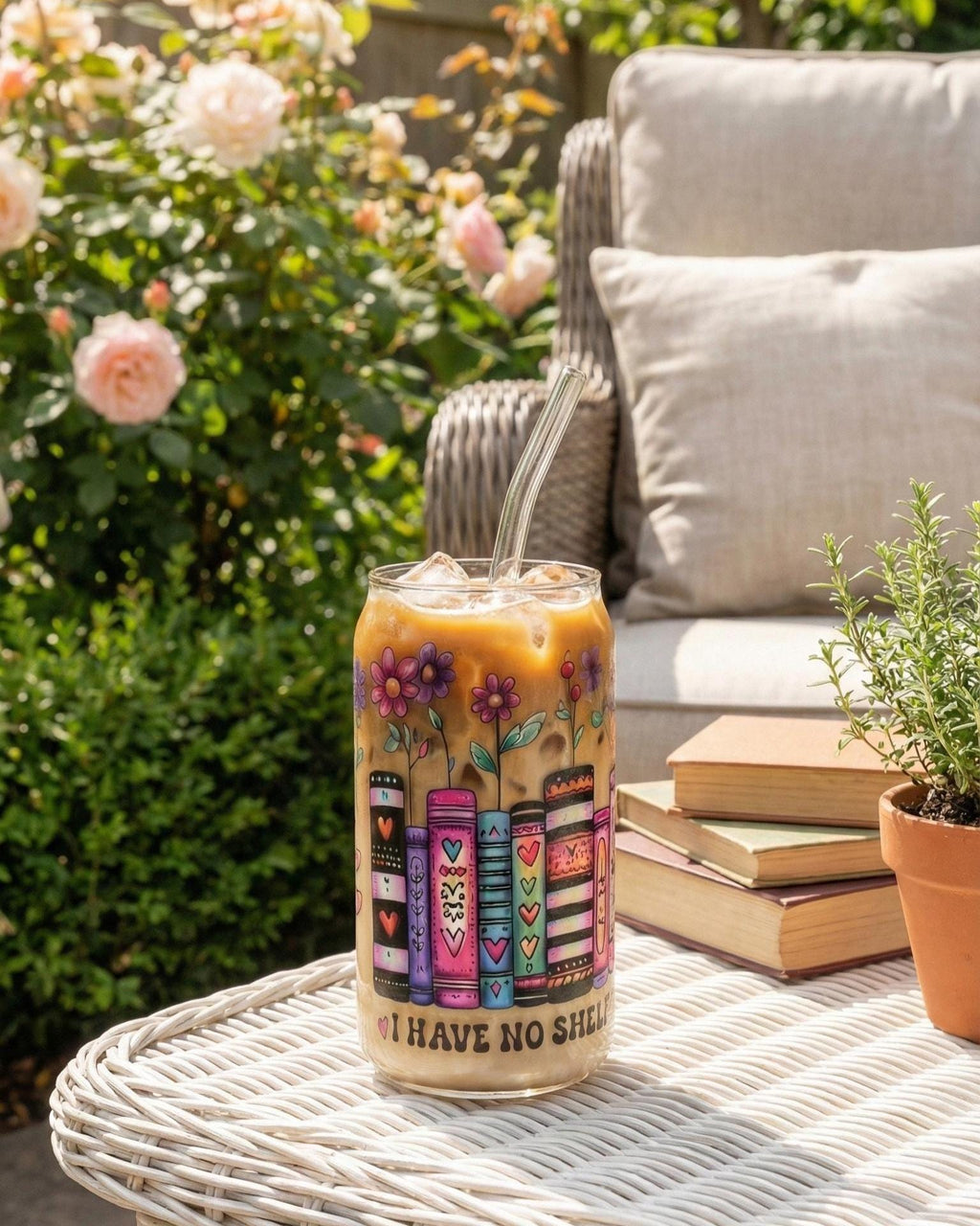 I Have No Shelf Control" Glass Tumbler with Bamboo Lid & Straw | 16oz Bookish Iced Coffee Cup | Funny Reader Gift | Floral Book Spine Art