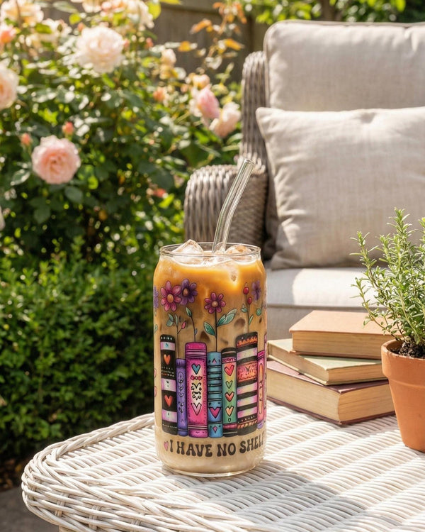 I Have No Shelf Control" Glass Tumbler with Bamboo Lid & Straw | 16oz Bookish Iced Coffee Cup | Funny Reader Gift | Floral Book Spine Art