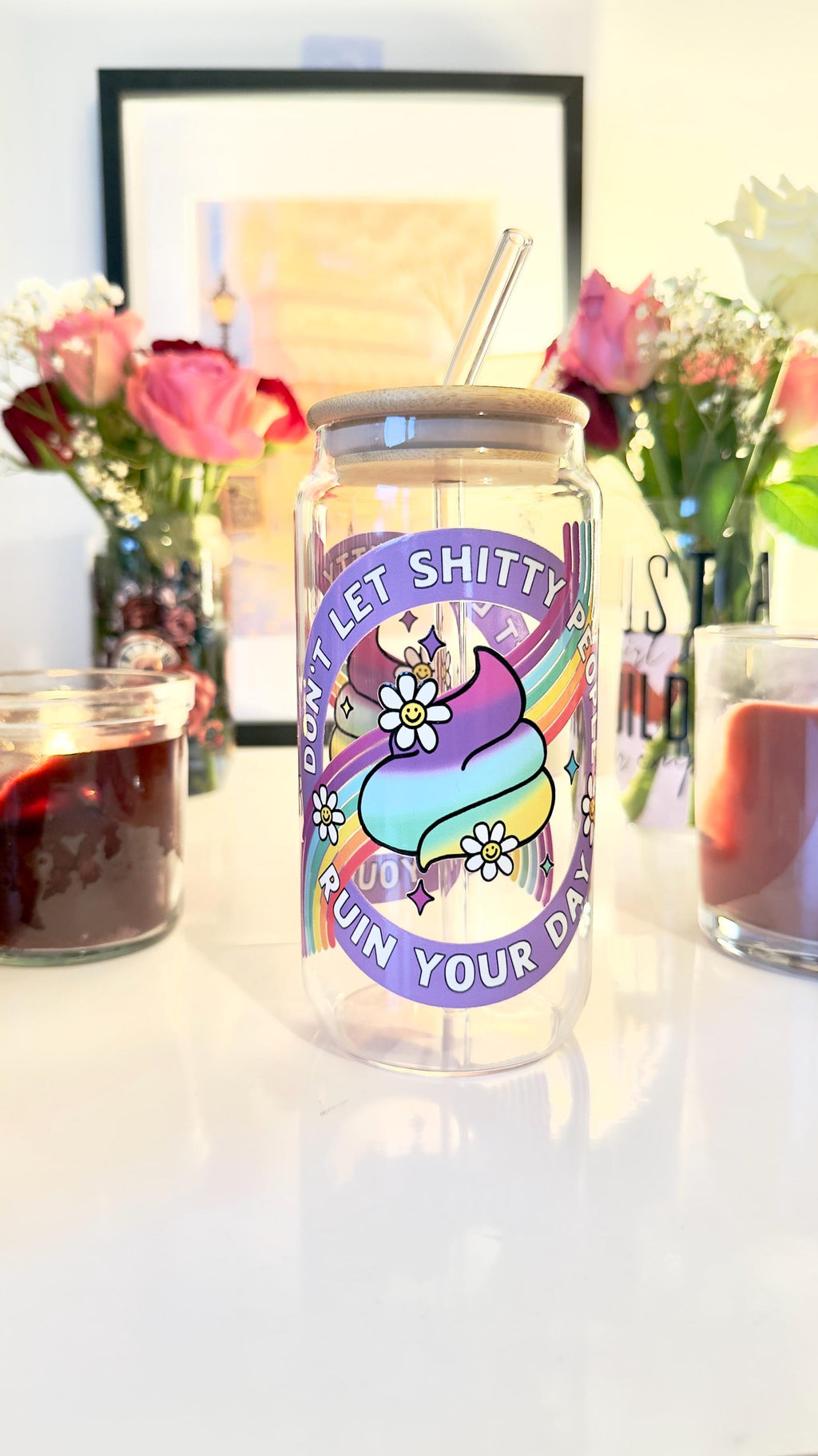 Funny Office Gift for Coworker | "Don't Let Shitty People Ruin Your Day" Glass Can | Sweary Affirmations Tumbler  Rainbow Mental Health Gift