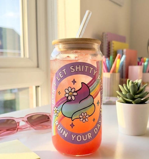 Funny Office Gift for Coworker | "Don't Let Shitty People Ruin Your Day" Glass Can | Sweary Affirmations Tumbler  Rainbow Mental Health Gift