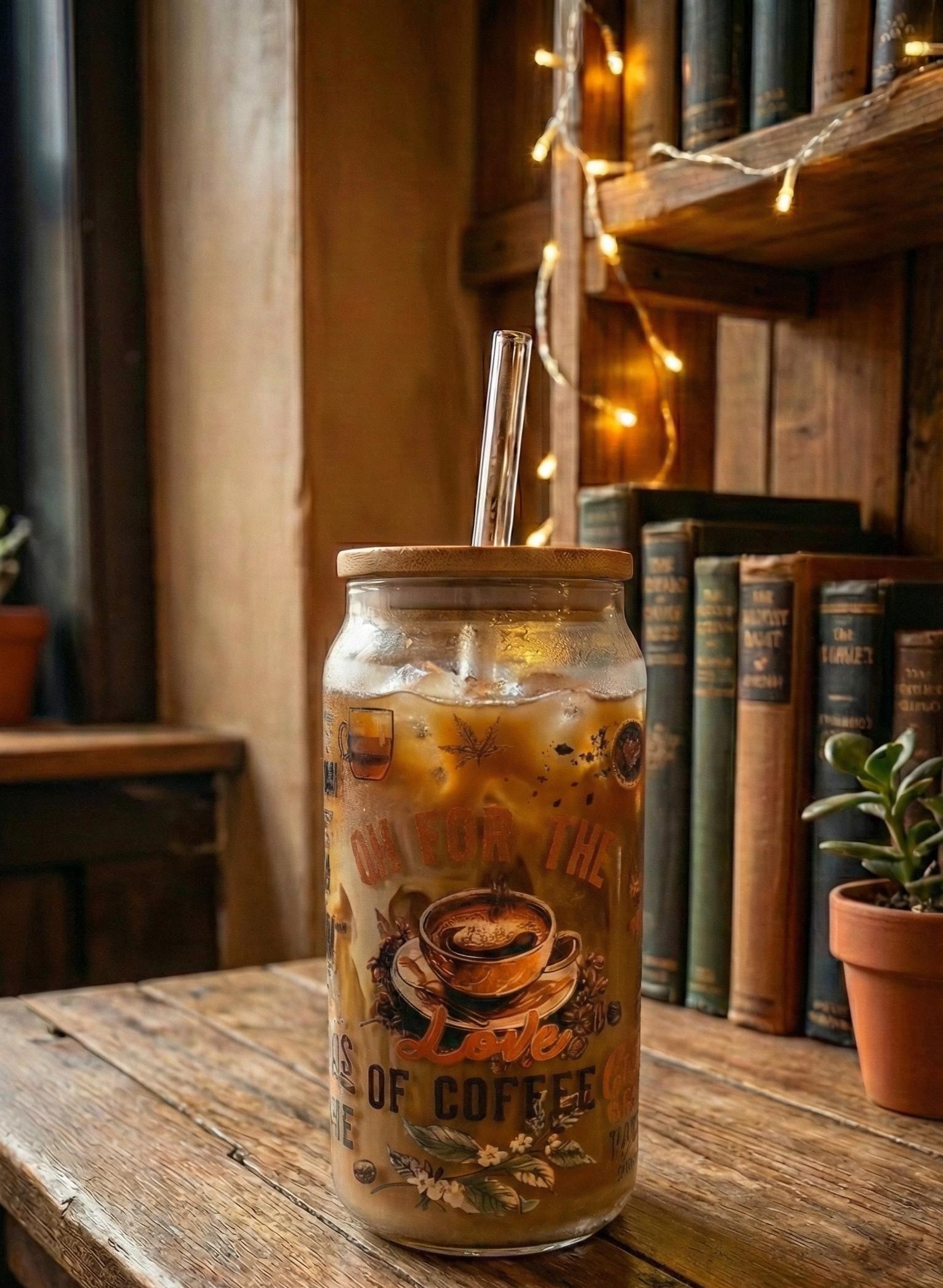 Coffee Lover Gift | "Oh For The Love Of Coffee" Glass Can | Iced Latte Cup with Bamboo Lid | Aesthetic Tumbler | Barista Gift for Her