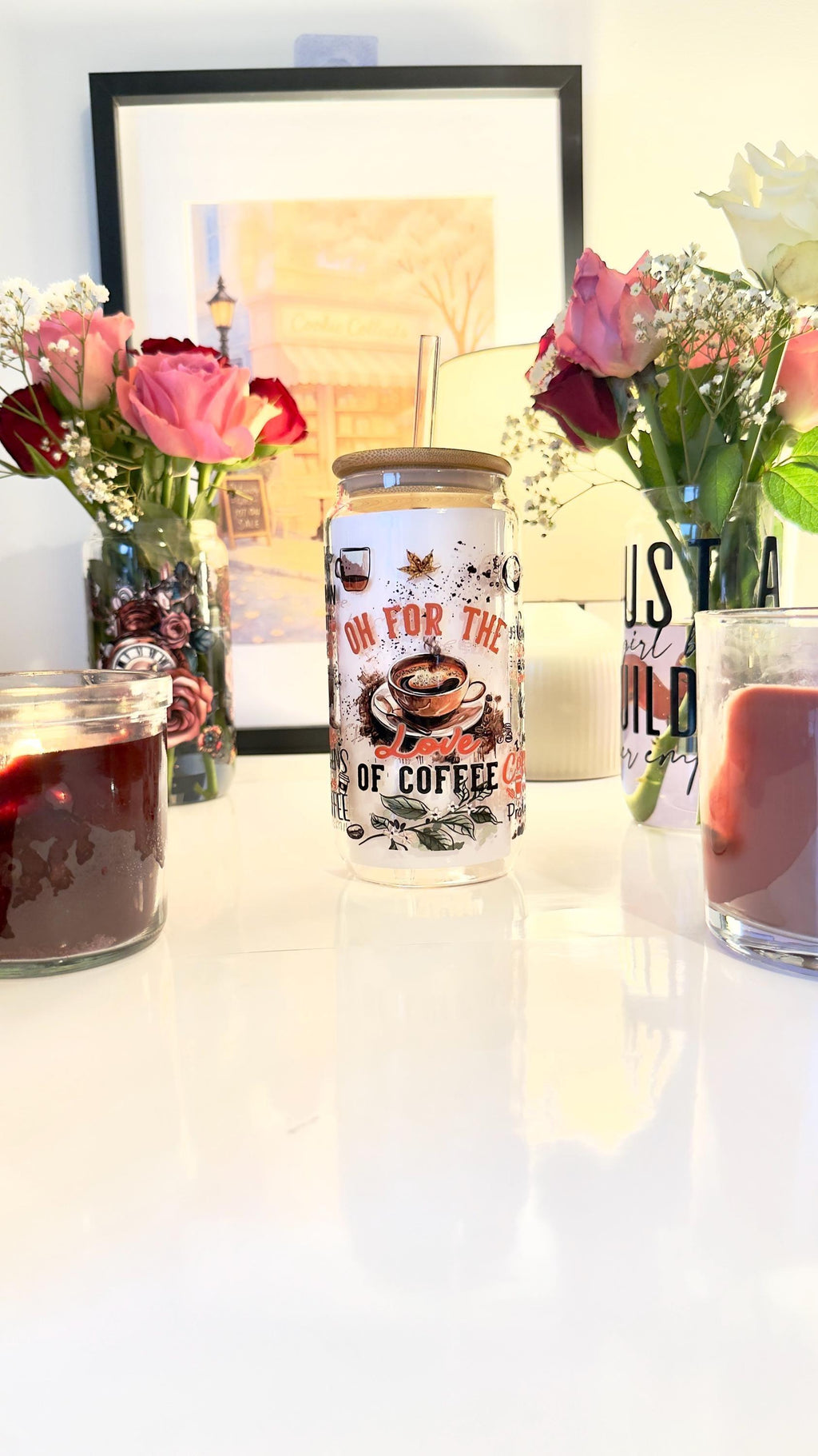 Coffee Lover Gift | "Oh For The Love Of Coffee" Glass Can | Iced Latte Cup with Bamboo Lid | Aesthetic Tumbler | Barista Gift for Her