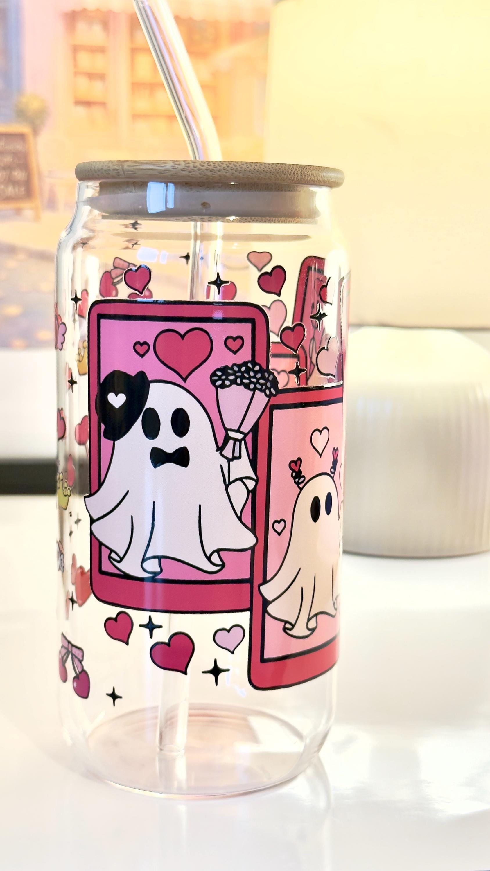 Valentine's Day Ghost Tumbler | Cute Tarot Card Glass Can | Iced Coffee Cup with Bamboo Lid | Spooky Love Gift | Pink Hearts Glass