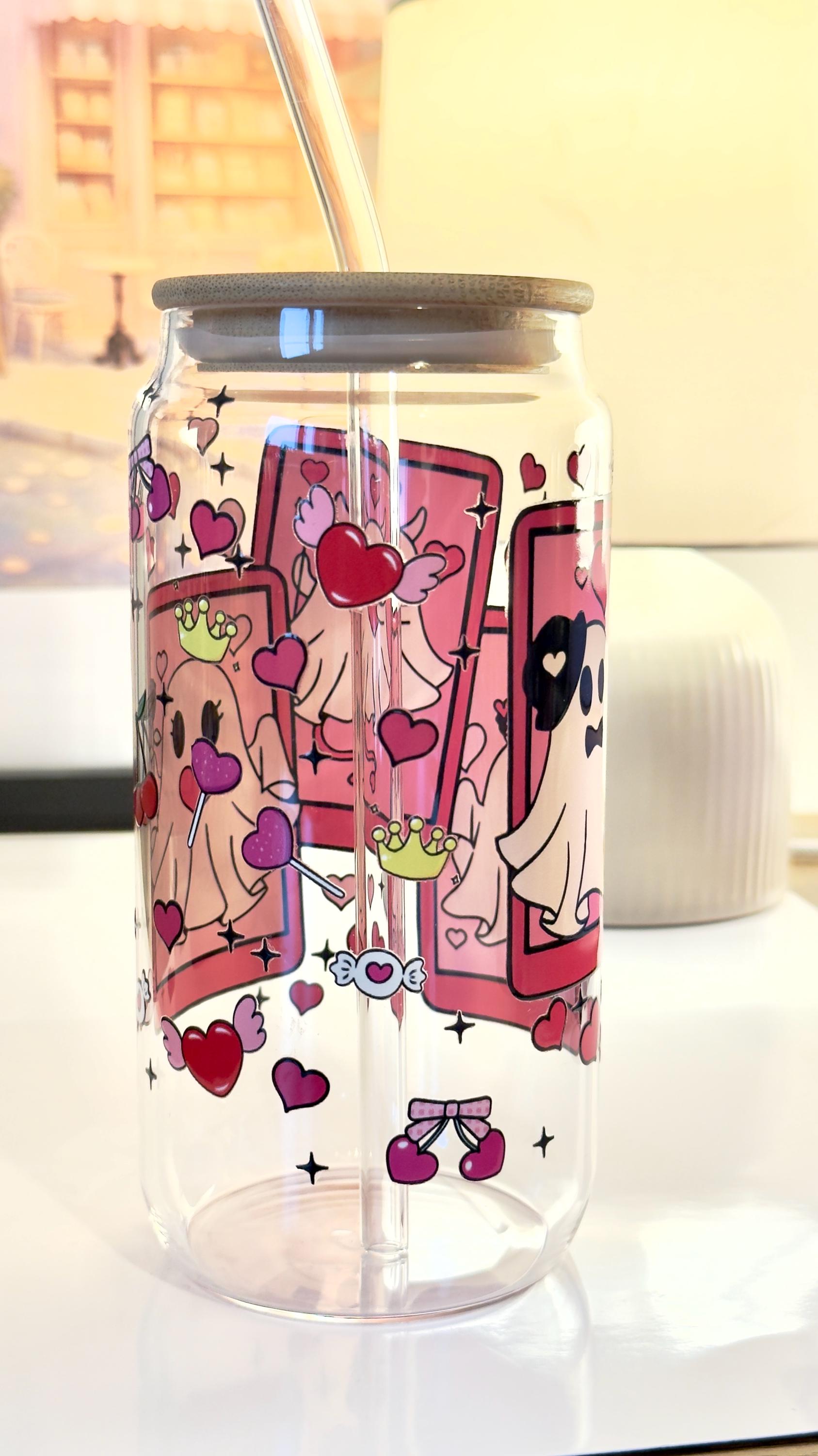 Valentine's Day Ghost Tumbler | Cute Tarot Card Glass Can | Iced Coffee Cup with Bamboo Lid | Spooky Love Gift | Pink Hearts Glass