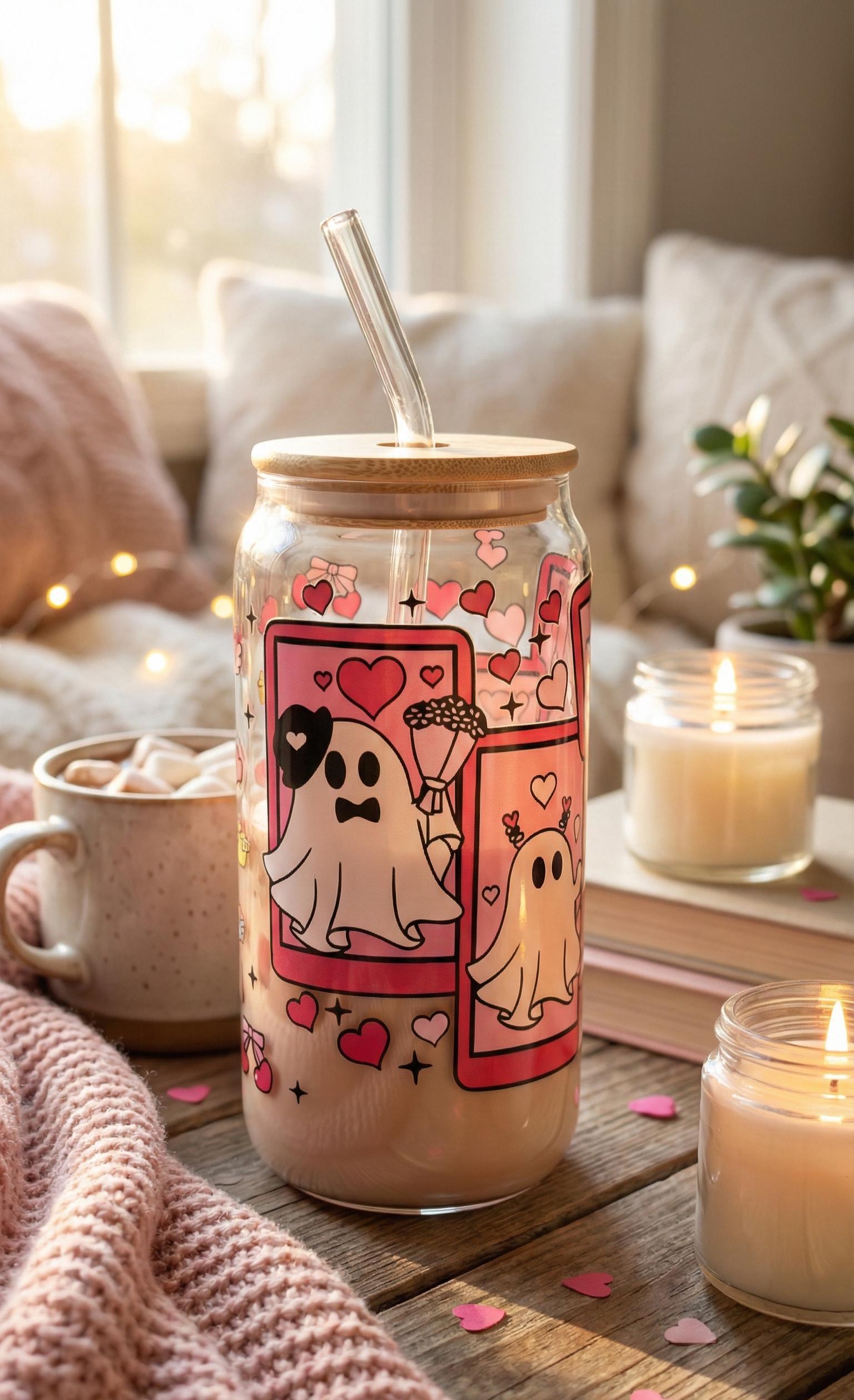 Valentine's Day Ghost Tumbler | Cute Tarot Card Glass Can | Iced Coffee Cup with Bamboo Lid | Spooky Love Gift | Pink Hearts Glass