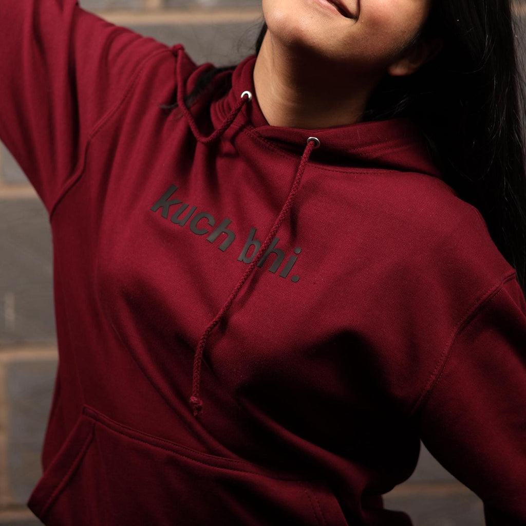 Burgundy "Kuch Bhi" luxury Hoodie | Minimalist Urdu Quote Streetwear | Textured 3D Lettering