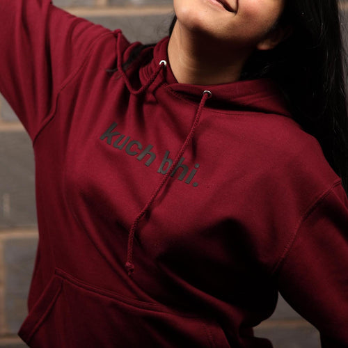 Burgundy "Kuch Bhi" luxury Hoodie | Minimalist Urdu Quote Streetwear | Textured 3D Lettering
