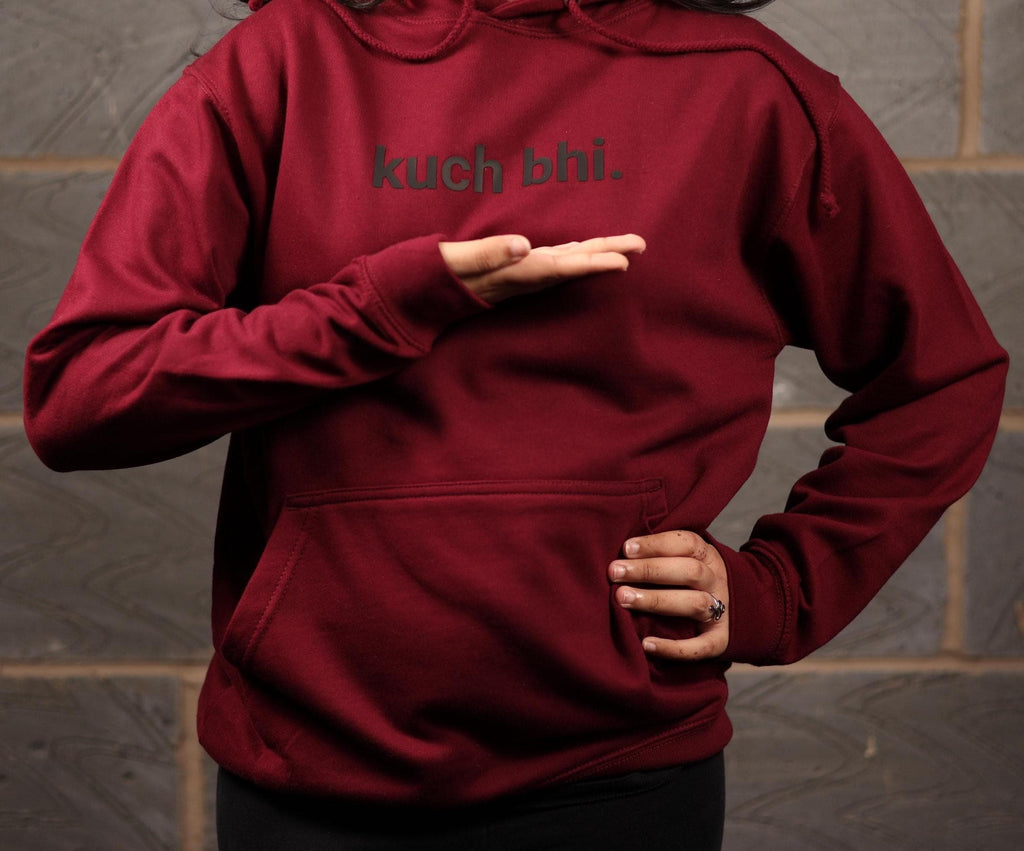 Burgundy "Kuch Bhi" luxury Hoodie | Minimalist Urdu Quote Streetwear | Textured 3D Lettering