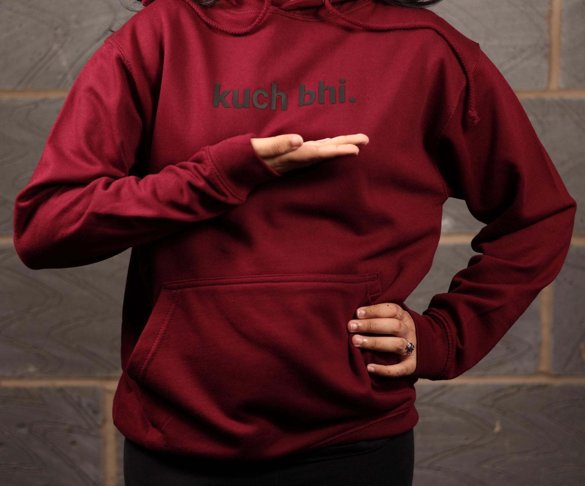 Burgundy "Kuch Bhi" luxury Hoodie | Minimalist Urdu Quote Streetwear | Textured 3D Lettering