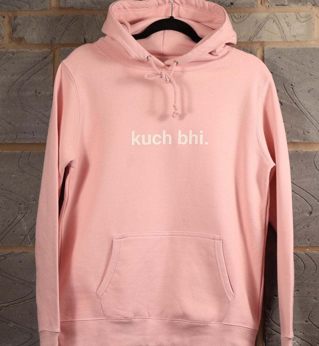 Pink "Kuch Bhi" luxury Hoodie | Minimalist Urdu Quote Streetwear | Textured 3D Lettering