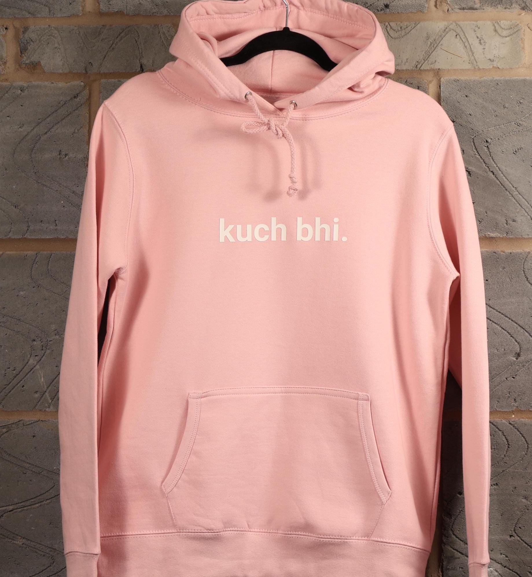 Pink "Kuch Bhi" luxury Hoodie | Minimalist Urdu Quote Streetwear | Textured 3D Lettering