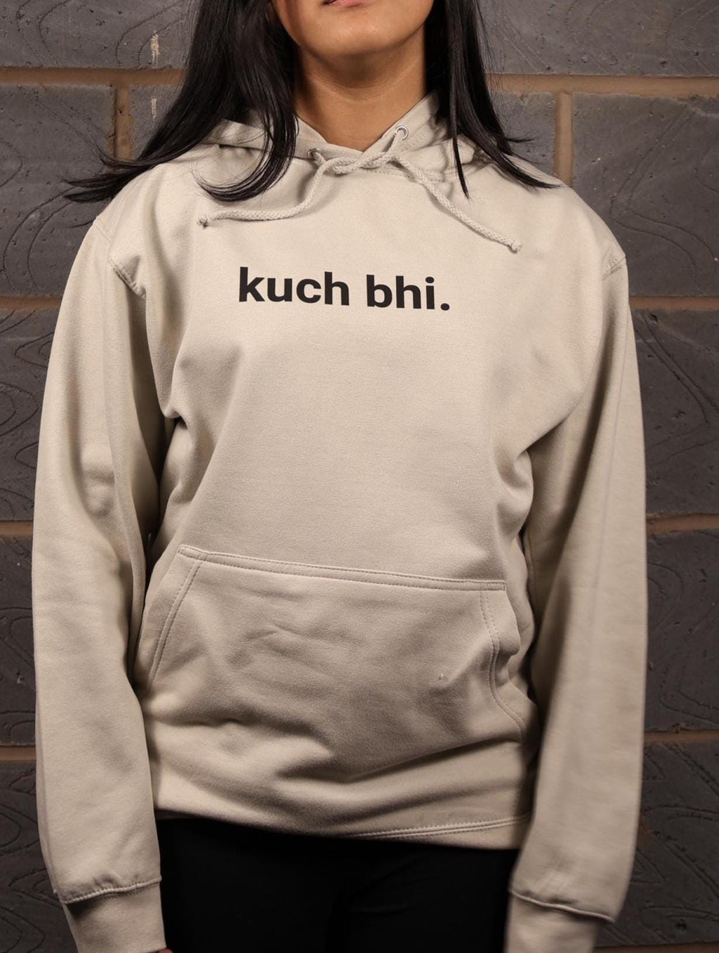 Oatmeal "Kuch Bhi" luxury Hoodie | Minimalist Urdu Quote Streetwear | Textured 3D Lettering