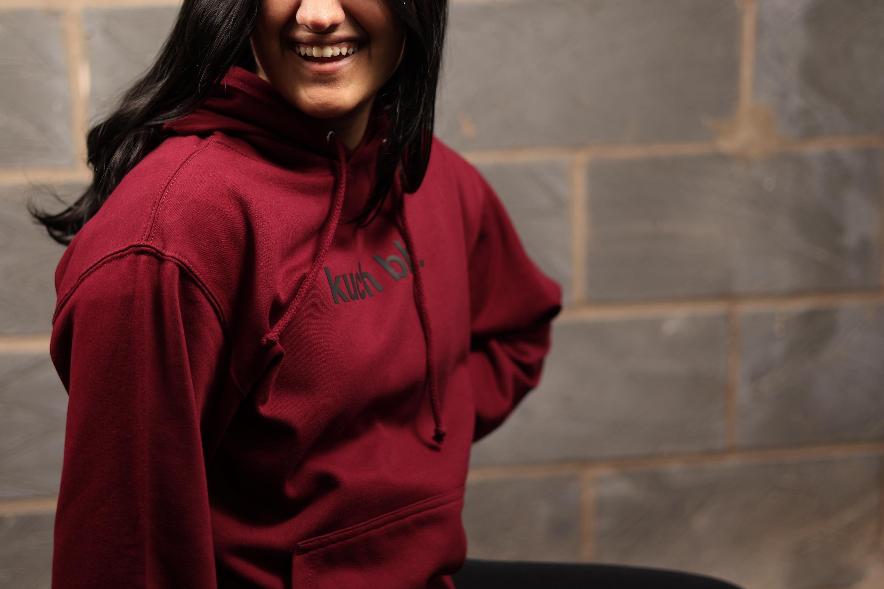 Burgundy "Kuch Bhi" luxury Hoodie | Minimalist Urdu Quote Streetwear | Textured 3D Lettering
