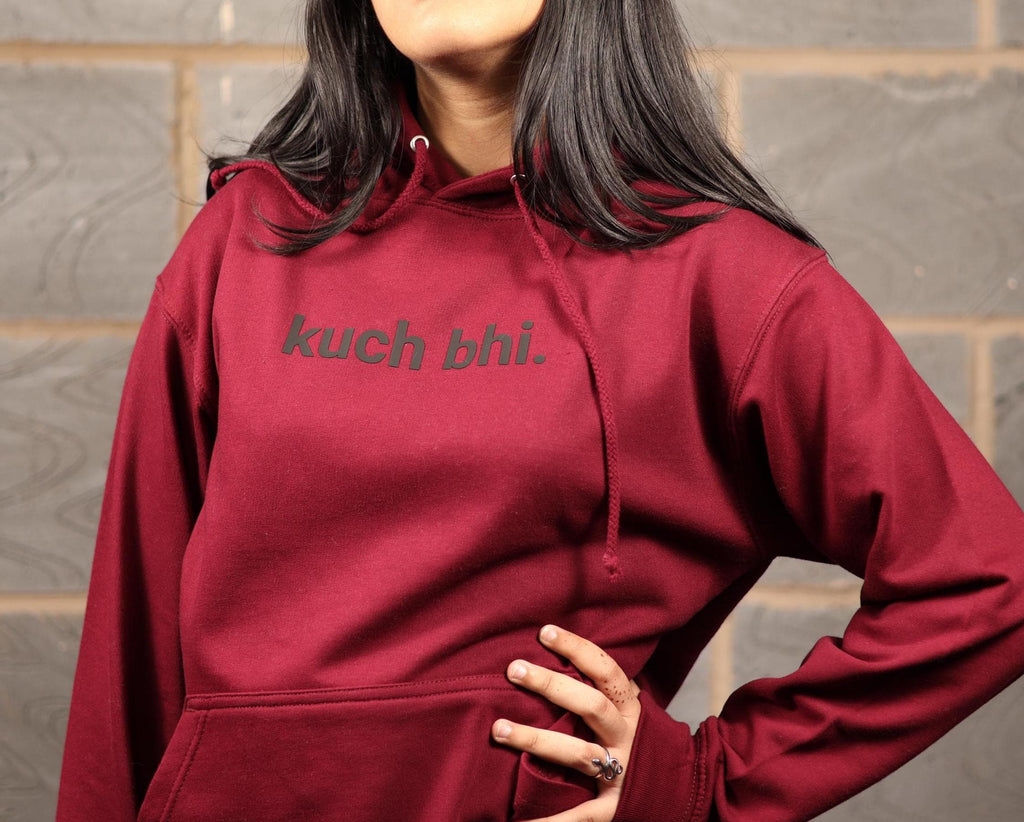 Burgundy "Kuch Bhi" luxury Hoodie | Minimalist Urdu Quote Streetwear | Textured 3D Lettering