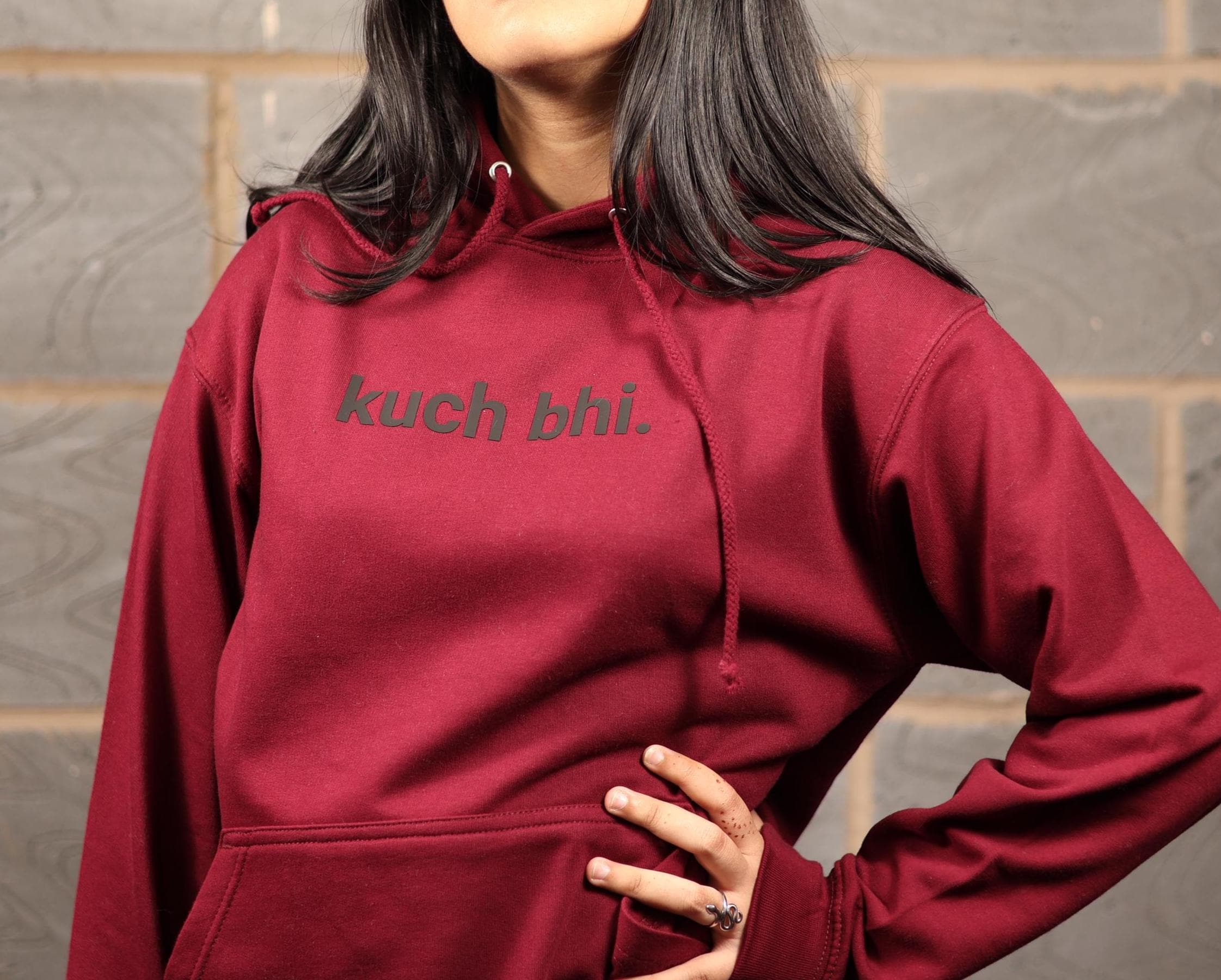 Burgundy "Kuch Bhi" luxury Hoodie | Minimalist Urdu Quote Streetwear | Textured 3D Lettering
