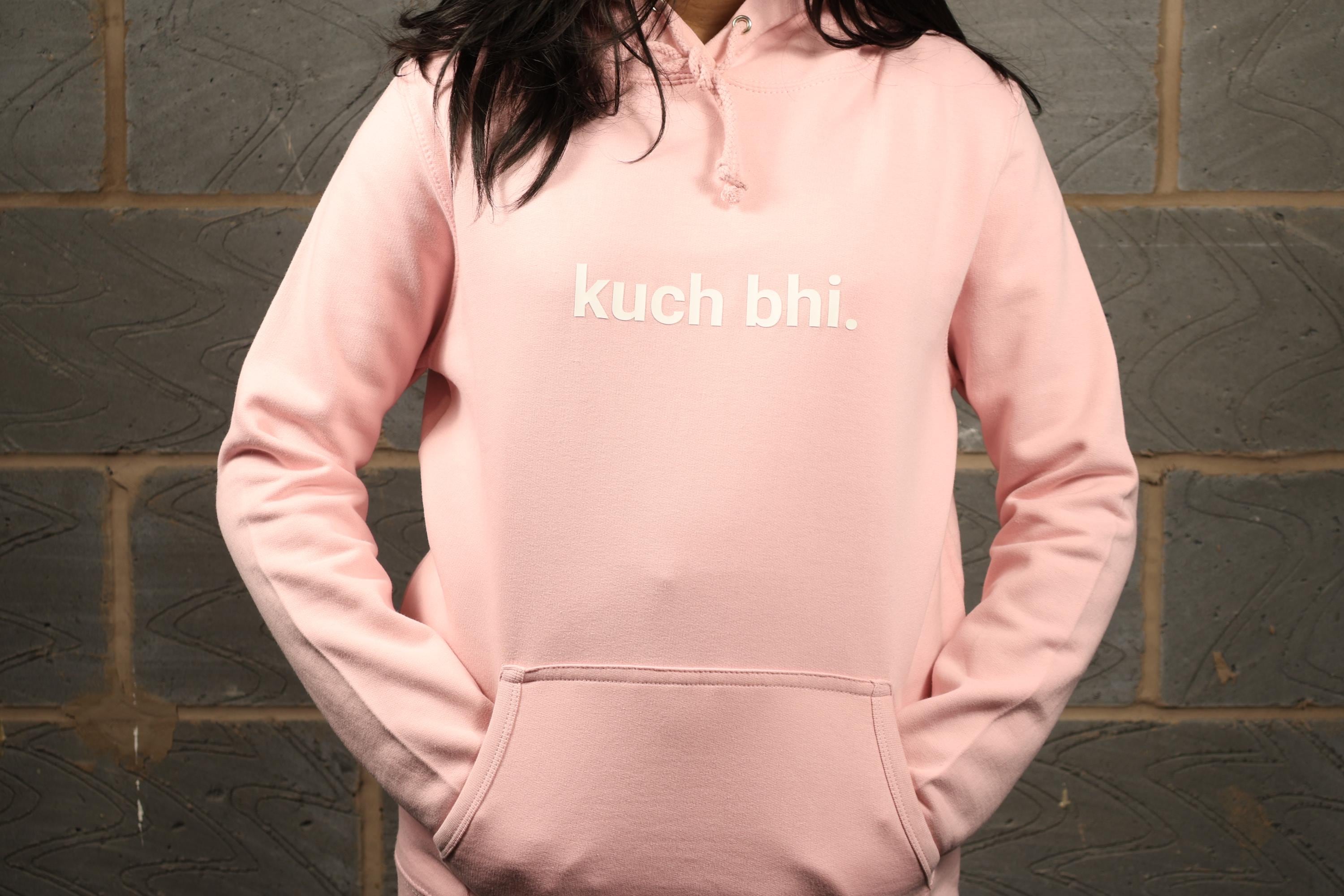 Pink "Kuch Bhi" luxury Hoodie | Minimalist Urdu Quote Streetwear | Textured 3D Lettering