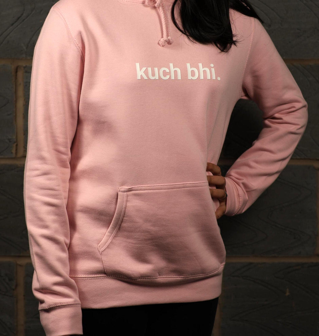 Pink "Kuch Bhi" luxury Hoodie | Minimalist Urdu Quote Streetwear | Textured 3D Lettering