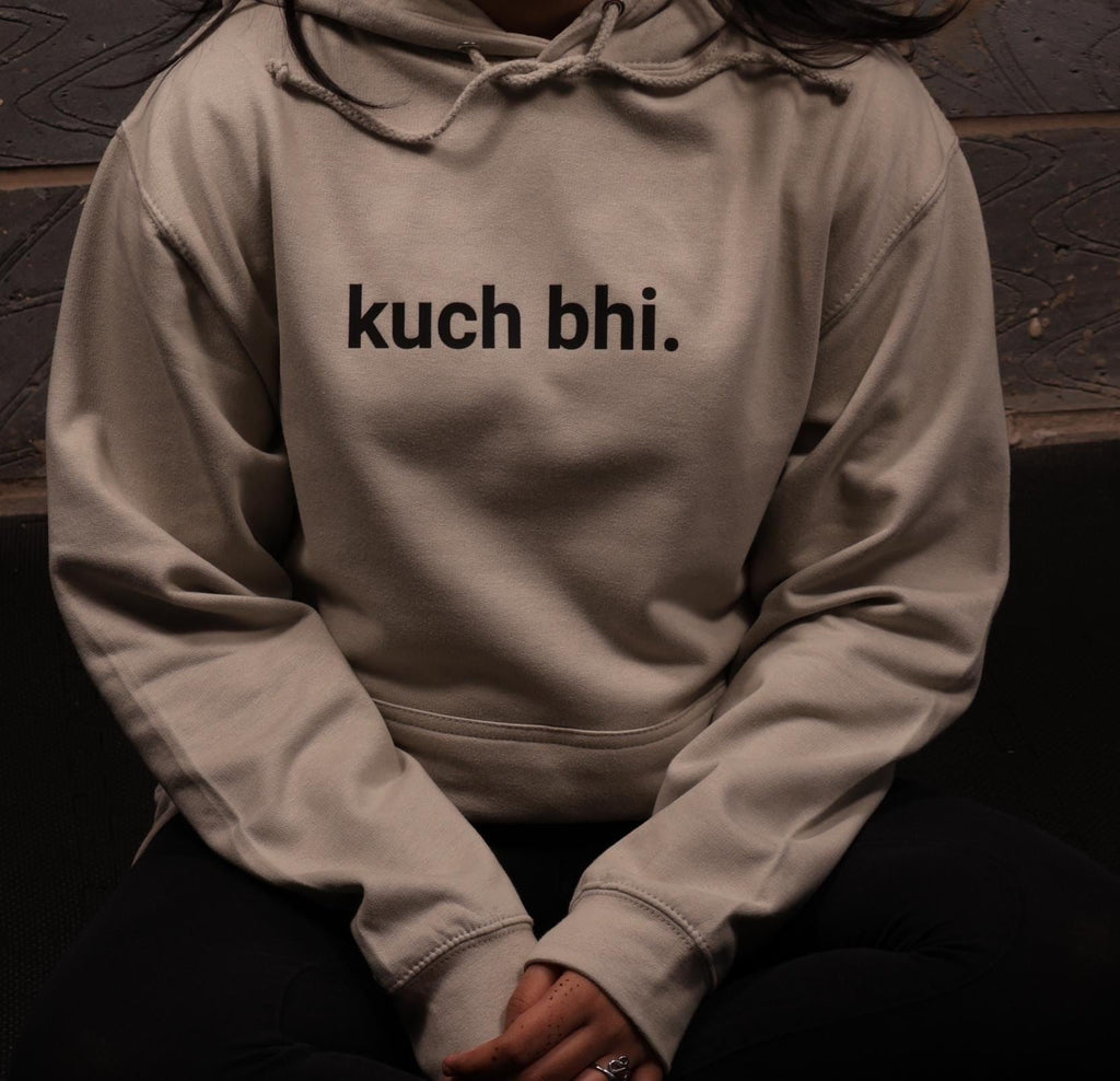 Oatmeal "Kuch Bhi" luxury Hoodie | Minimalist Urdu Quote Streetwear | Textured 3D Lettering